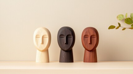 Poster - Three abstract face sculptures in varying colors stand in a row on a shelf, complemented by a green plant in the background.