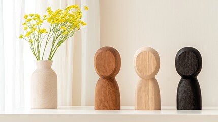Poster - Three wooden figurines in light, medium, and dark tones stand on a shelf beside a simple vase filled with yellow flowers, creating a serene aesthetic.