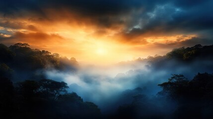 Poster - A beautiful sunset over a forest with a foggy mist