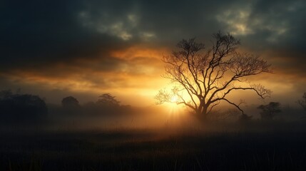 Poster - A tree stands in a field with a sun setting in the background