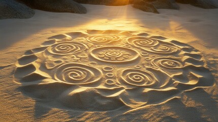 Poster - Intricate sand drawings illuminated by golden light on a serene beach at sunset