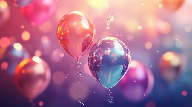 Modern birthday card design featuring metallic floating balloons, silky ribbons, and a warm glowing effect.