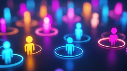 Poster - A vibrant digital illustration of stylized people icons surrounded by glowing circles in various colors, symbolizing connectivity and social interaction.