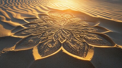 Leinwandbilder - Creative sand drawings in warm golden light showcasing intricate symbols at sunset in a serene desert landscape