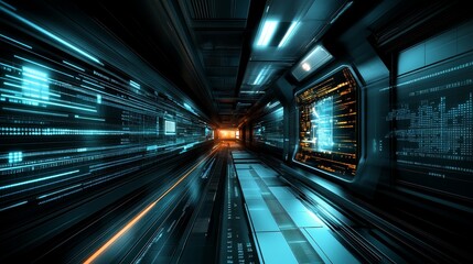 Aufkleber - Futuristic interior of a spaceship corridor with glowing neon lights and intricate paneling offers a glimpse into advanced technology