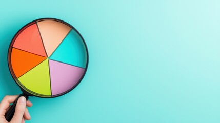 Poster - A hand holds a colorful pie chart against a teal background, symbolizing analysis, data representation, or decision-making.