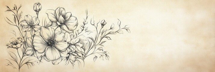 Poster - Delicate hand drawn floral sketches showcasing vintage tones and balanced golden ratios on aged paper in a serene artistic composition