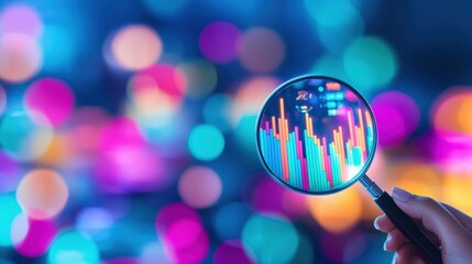Poster - A hand holds a magnifying glass over vibrant, colorful digital graphs, showcasing analytics and data visualization against a blurred background.