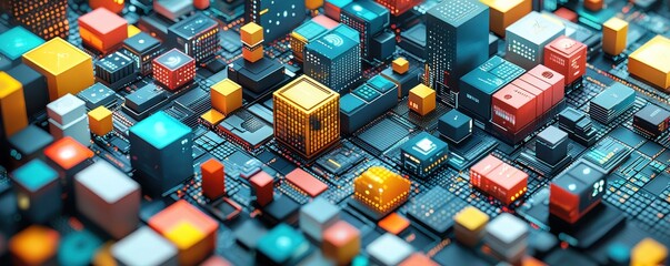 Fototapete - Colorful isometric digital blocks forming a futuristic city layout