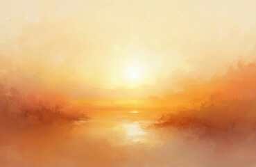 Aufkleber - Abstract sunset painting, golden hour light, cream gold color palette. Minimalist pastel shades, blurred edges, neutral backdrop. Calm, relaxing, peaceful, dreamy atmosphere. Warm sun rays, serene