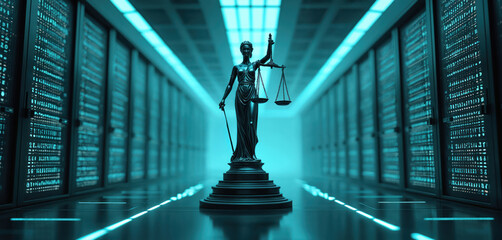 Aufkleber - Digital justice representation featuring scales in high tech server room environment. Symbol of law, technology, balance in datum age. Modern architecture design, abstract light, order, security,