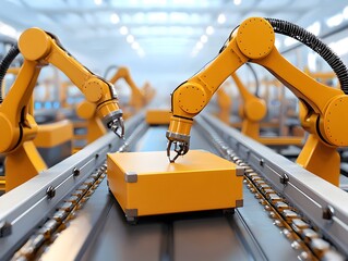 Poster - Robotic assembly line technology showcasing automation and precision in manufacturing with copy space for text