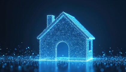 Fototapete - Abstract polygonal house building as business symbol in low poly wireframe mesh. Flying debris represents the real estate concept with blue lines construction and cyberspace communication.