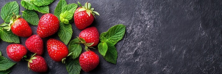 Aufkleber - Fresh strawberries and mint leaves arranged on dark stone surface for culinary presentation and recipe ideas Generative AI