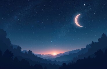 Aufkleber - Night sky illustration with stars and crescent moon. Silhouette of mountain and forest landscape. Calm tranquil nature scene with moonlight. Beautiful dark blue, purple colors of galaxy.