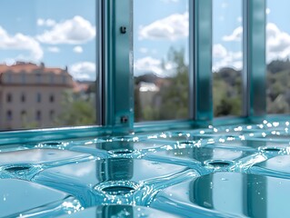 Poster - Close-up view of a window with raindrops creating beautiful patterns on the glass surface and steel surroundings