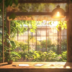 Poster - Bright window offering a scenic view of a charming house outside ideal for a cozy home office environment