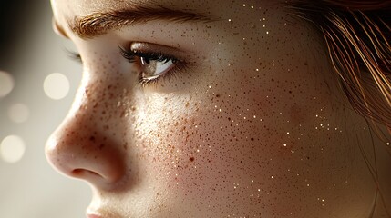 Poster - A side-profile portrait of a woman with glowing freckles, futuristic style