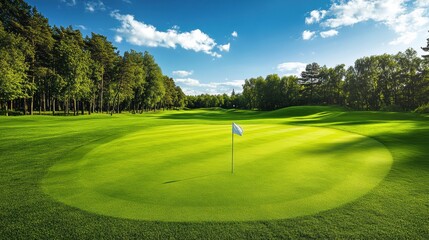Poster - Serene golf course with rolling hills and flag marking hole in bright daylight creating peaceful golfing atmosphere Generative AI
