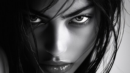 Poster - a moody black-and-white portrait of a woman with intense eye contact, timeless appeal