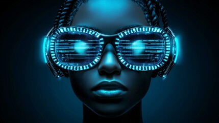 Poster - A cyber queen with holographic tattoos, glowing cyber eyes, sci-fi style