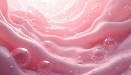 Poster - Abstract soft pink wavy background with transparent bubbles. Glossy smooth texture with spheres. Generative AI illustration for gentle feminine designs cosmetic product demo displays. Good for beauty