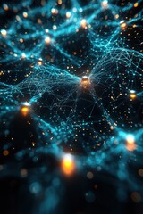 Poster - visualization of a digital network with glowing points and connections on dark background