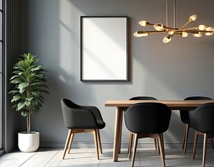 Poster - Mockup vertical frame in modern dining room restaurant interior, elegant furnishing, wooden table, chairs. Grey, white colors palette. Minimalist design. Copy space for poster, prints art