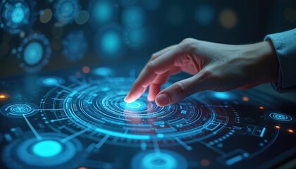 Leinwandbilder - Hand touches glowing futuristic interface with digital holographic tech concept. Woman interacts with hud control panel. Digitalization, augmented reality, big data, cybersecurity, artificial