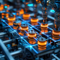Poster - advanced machine with multiple orange lights indicating operation in a smart manufacturing environme