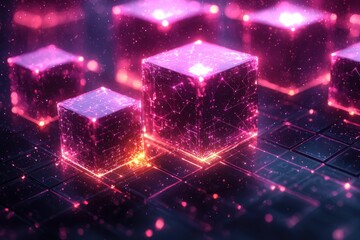 Poster - futuristic glowing digital cubes with vibrant colors and interconnected patterns
