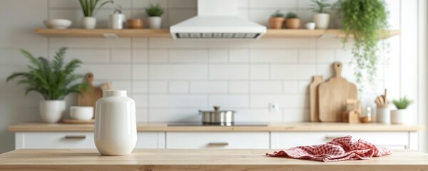 Aufkleber - Wooden countertop, blurred kitchen interior. Modern design. White furniture, sink, tile backsplash. Cooking utensils, green plants add natural touch, cozy atmosphere. Clean bright space, dining room.