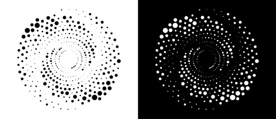 Fototapete - Modern abstract background. Halftone dots in circle form. Spiral logo, icon or design element. Black dots on a white background and white dots on the black side.