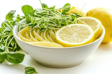 Poster - Bright Pasta with Lemon and Greens in a White Bowl Culinary Delight Close Up Refreshing Culinary Style