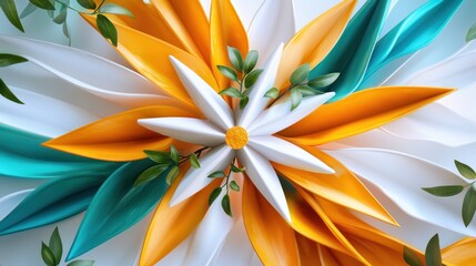 Poster - Abstract Flower Centerpiece with Colorful Petals and Green Leaves Artistic Floral Arrangement