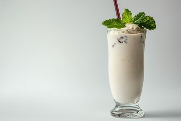 Aufkleber - Delicious creamy smoothie in tall glass garnished with fresh green mint leaves on bright background
