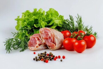 Aufkleber - Fresh Turkey Thighs with Vibrant Tomatoes Green Lettuce and Dill for Healthy Culinary Delights