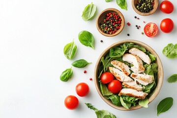 Poster - Overhead Shot of Refreshing Chicken Salad with Fresh Greens Basil Tomatoes and Pepper in Wood Bowl