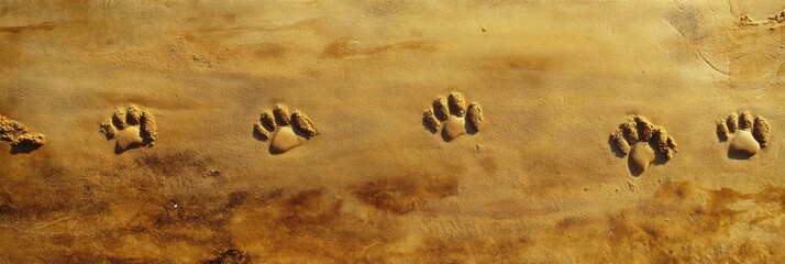 Poster - Paw prints in golden sand lead the way across the beach with gentle waves and sunlight in the background Generative AI