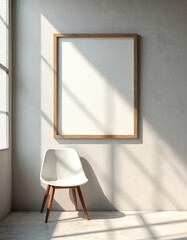 Poster - Modern interior with blank frame on wall, chair near window. Minimalist design, soft sunlight. Empty space for art display, advertising. Gallery mock-up for poster, picture presentation, modern