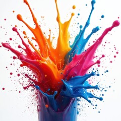 Fototapete - Multi colored paint splash on white backdrop. Flowing liquid with orange, yellow, blue and pink colors mixing in dynamic motion. Abstract vibrant art background for creative projects.