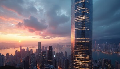 Aufkleber - Modern skyscraper in Hong Kong at sunset. Urban architecture, cityscape with dynamic viewpoint. Contemporary glass building design reflecting evening light. Metropolis infrastructure with vibrant