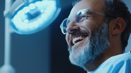 Poster - A man with glasses is smiling in front of a light