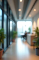 Aufkleber - Blurred interior view of light modern office space with plants in pots near panoramic windows. Workspace with neutral color palette, minimalist design, bright lighting. Background for presentation,