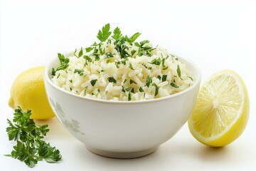 Poster - Captivating lemon rice bowl with fresh parsley against pristine white backdrop culinary delight delicious food