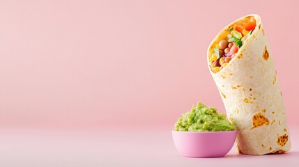 Poster - Vertical shot of colorful vegan burrito with fresh guacamole on solid pink backdrop in bright lighting
