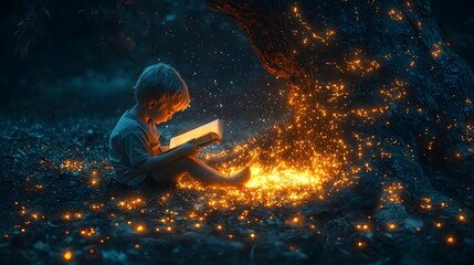 Poster - Glowing Child Reading Under a Tree Light of Knowledge Shining Bright