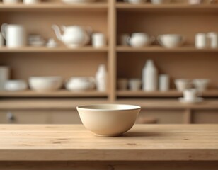 Poster - Empty beige bowl on light brown wooden table against blurred shelving. Ceramic teaware in retail shop interior. Rustic kitchen with minimalist design for natural zen, calm, peaceful tea ceremony.