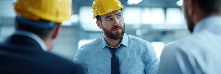 Poster - Three men are standing in a room, one of them wearing a hard hat