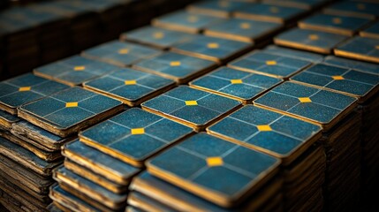 Poster - Stacked blue tiles with yellow accents in a workshop setting, showcasing craftsmanship and detail